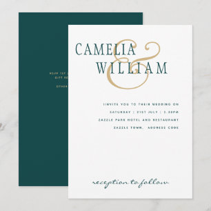 Peacock Teal Green Gold Ampersand Wedding Invite