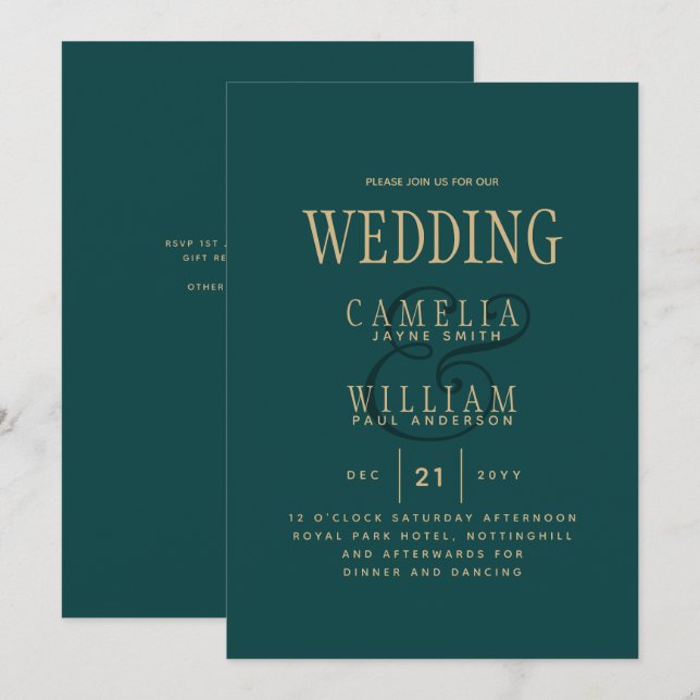 Peacock TEAL Green Gold Monochrome Wedding Invitat Invitation (Front/Back)