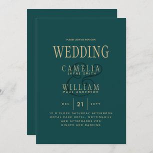 Peacock TEAL Green Gold Monochrome Wedding Invitat Invitation