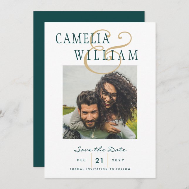Peacock Teal Green Gold PHOTO Save the Date Invitation (Front/Back)