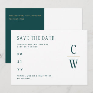 Peacock TEAL Green Gold Wedding SAVE THE DATE