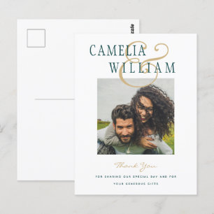 Peacock Teal Green Wedding PHOTO Thank You Postcard