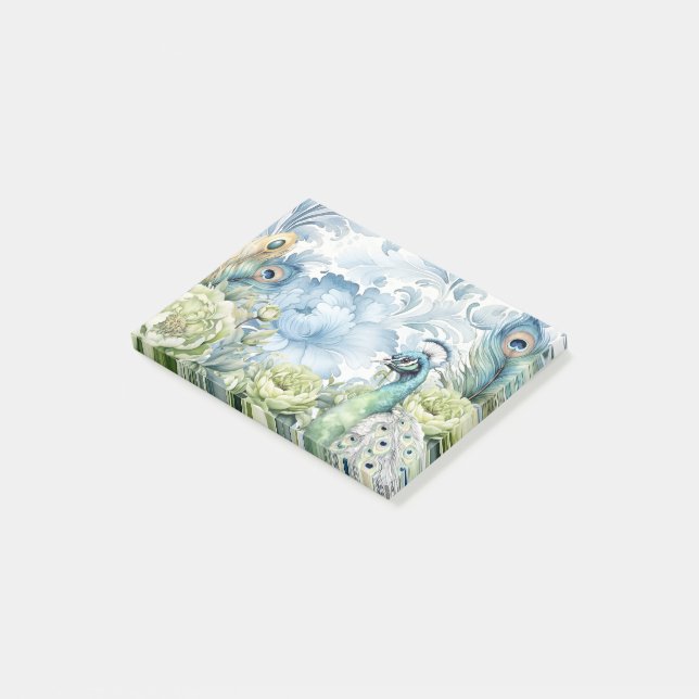 Peacock Teal & Sage Feathers Floral Damask Post-it Notes (Angled)