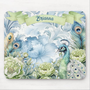 Peacock Teal & Sage Feathers Floral Personalised Mouse Mat