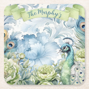 Peacock Teal & Sage Feathers Floral Personalised Square Paper Coaster