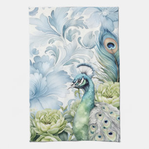 Peacock Teal & Sage Feathers Floral Tea Towel