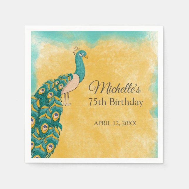 Peacock Teal Yellow 75th Birthday  Napkin (Front)