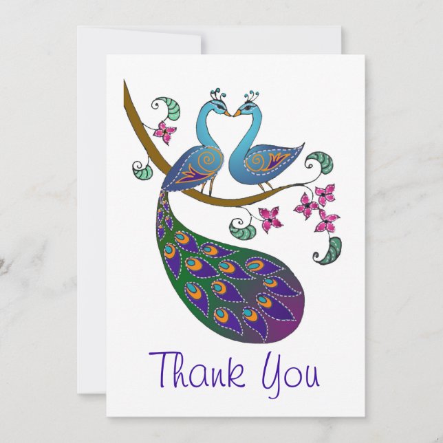 Peacock Thank You (Kantha /white) note card (Front)