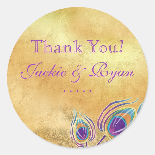 Peacock Thank You Stickers Vintage Gold Purple (Front)