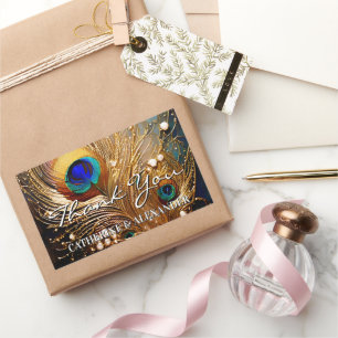 Peacock thank you wedding feathers plumage rectangular sticker