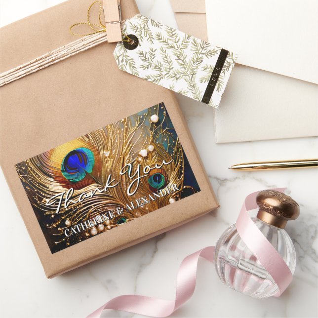 Peacock thank you wedding feathers plumage rectangular sticker (Gifting)