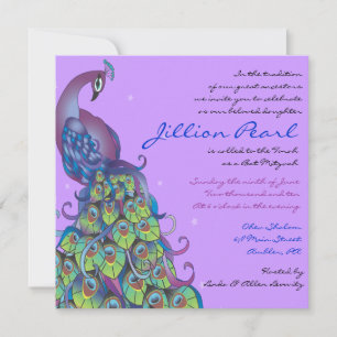 Peacock Theme Bat Mitzvah Invitation Invite Violet