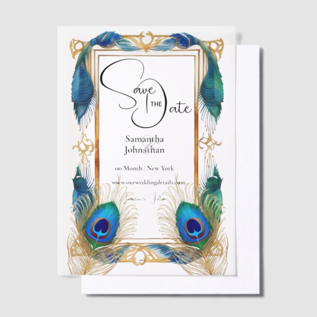 Peacock theme border feathers elegant overlay vellum invitations (Offset)