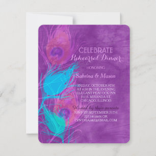 Peacock Themed Purple Wedding Rehearsal Dinner Invitation