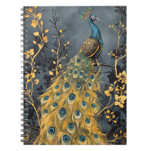 peacock-themed wall art ranging from vintage-style notebook