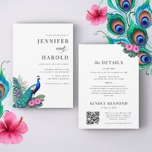 Peacock Tropical Floral QR Code All in One Wedding Invitation