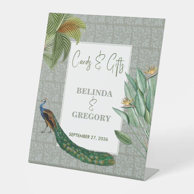 Peacock Tropical Greenery Wedding Cards Gifts Sign (Front)