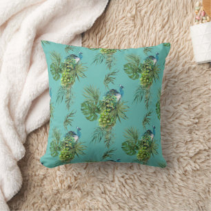 Peacock & Tropical Leaves Pattern Cushion