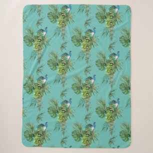 Peacock & Tropical Leaves Sherpa Blanket