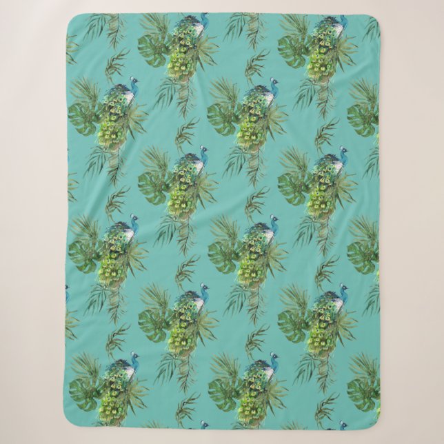 Peacock & Tropical Leaves Sherpa Blanket (Front)