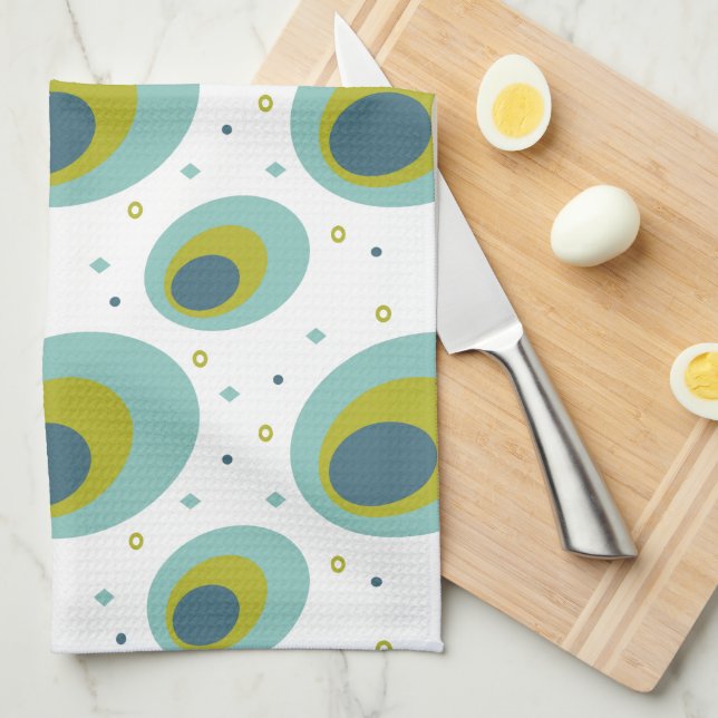 Peacock Turquoise Green Blue Oval Pattern Mid Mod Tea Towel (Quarter Fold)