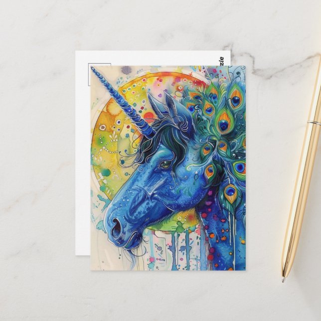 Peacock Unicorn Postcard (Front/Back In Situ)