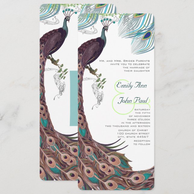 Peacock Vintage 3 Feathers Invitation (Front/Back)