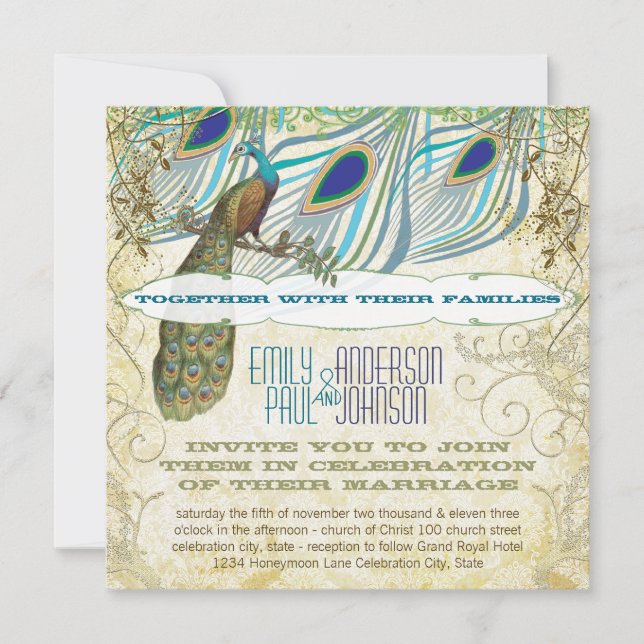 Peacock Vintage 3 Feathers with Peacock Invitation (Front)