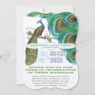 Peacock Vintage 4 Feathers Die Cut Wedding Invitation