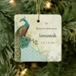 Peacock Vintage Bird Maid of Honour Bridesmaid Ceramic Ornament<br><div class="desc">Aqua,  Blue,  Teal,  Copper,  Brown,  Tan,  Beige,  and Green with Faux Distressed Parchment Lace Background.  Peacock Vintage Bird Maid of Honour Bridesmaid.  Perfect Favour Gift for Bridesmaids for a Roaring 20s,  Gatsby,  Mediaeval,  Renaissance,  Vintage Love Bird,  Lovebird,  Whimsical Wedding Theme.</div>