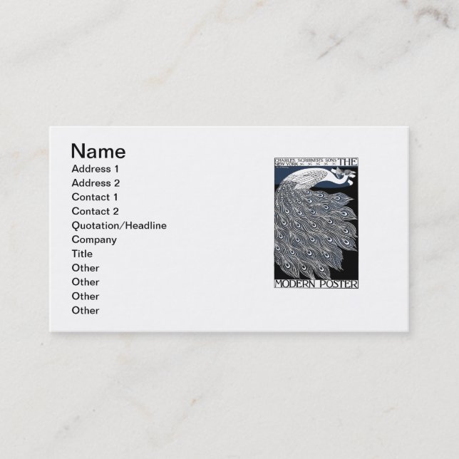 Peacock Vintage Blue Art Nouveau Art Business Card (Front)