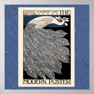 Peacock Vintage Blue Art Nouveau Art Poster