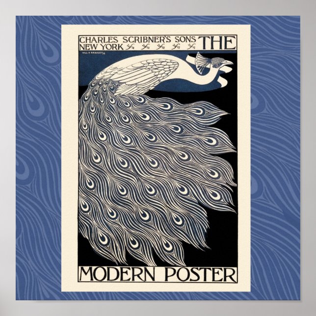 Peacock Vintage Blue Art Nouveau Art Poster (Front)
