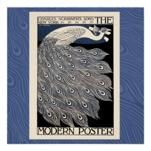 Peacock Vintage Blue Art Nouveau Art Poster