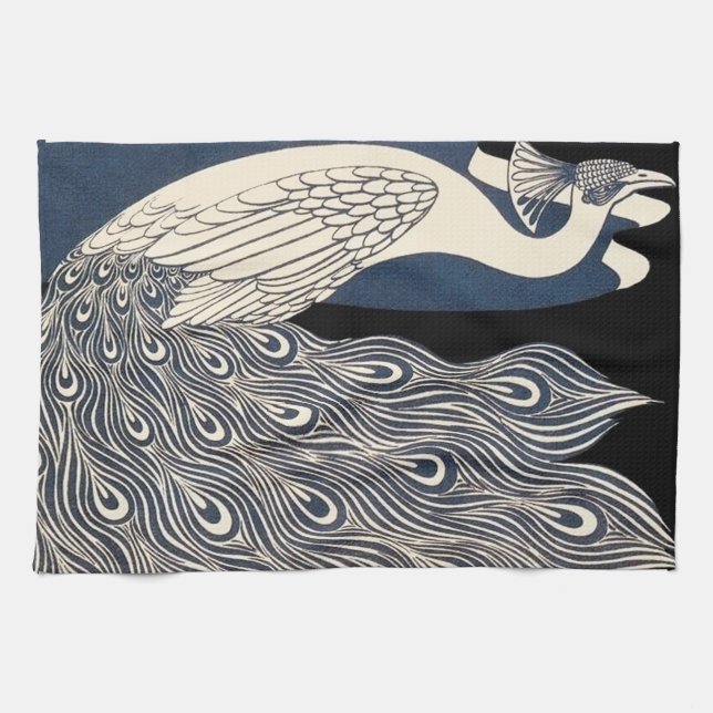 Peacock Vintage Blue Art Nouveau Art Tea Towel (Horizontal)