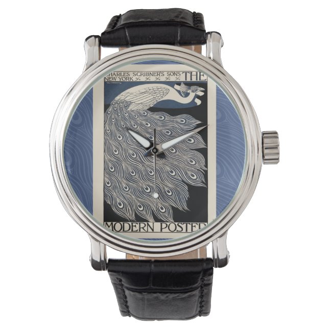 Peacock Vintage Blue Art Nouveau Art Watch (Front)