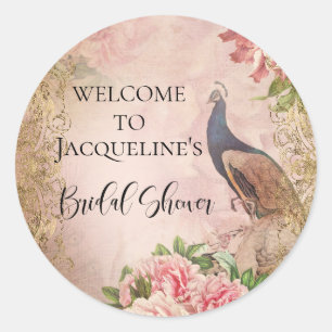 Peacock Vintage Elegant Pink Peony Bridal Shower Classic Round Sticker