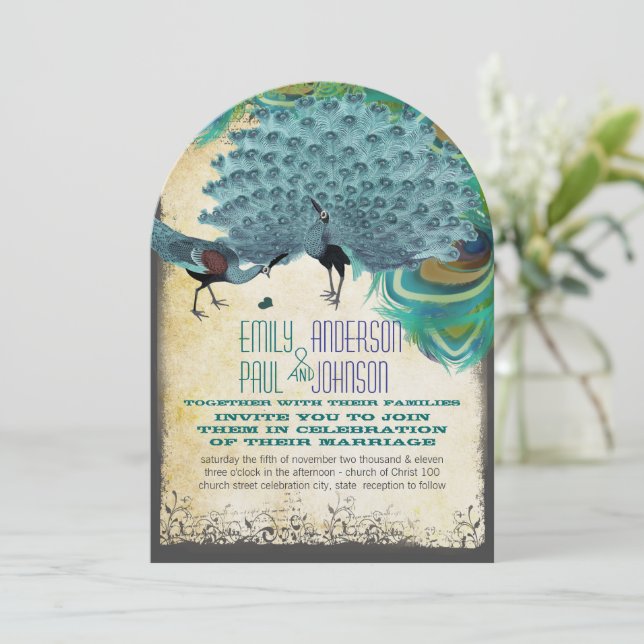 Peacock Vintage Feather Swirl Burnt Edge Parchment Invitation (Standing Front)