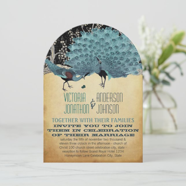 Peacock Vintage  Feathers with Peacocks Invitation (Standing Front)