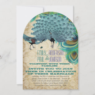 Peacock Vintage Feathers with Peacocks Invitation
