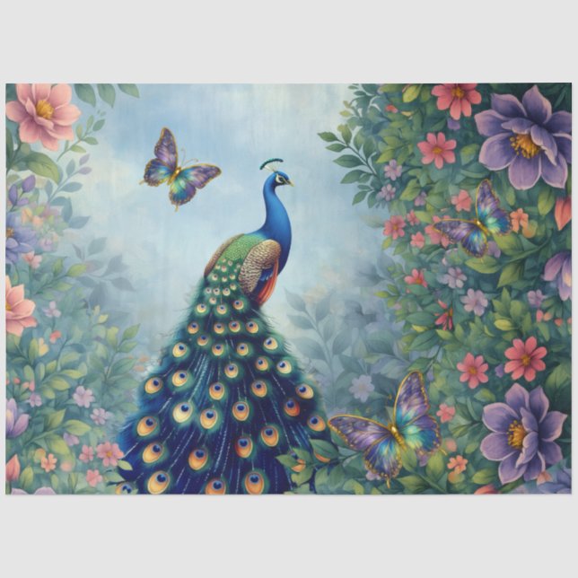 Peacock Vintage Inspired Tropical Florals Tissue Paper (Front)
