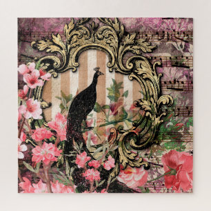 Peacock Vintage Pink Floral Sheet Music Jigsaw Puzzle