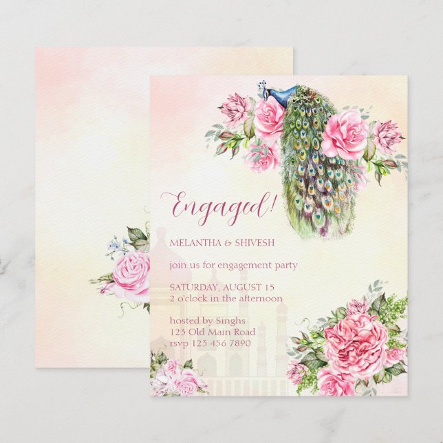 Peacock vintage roses engagement budget invite (Front/Back)