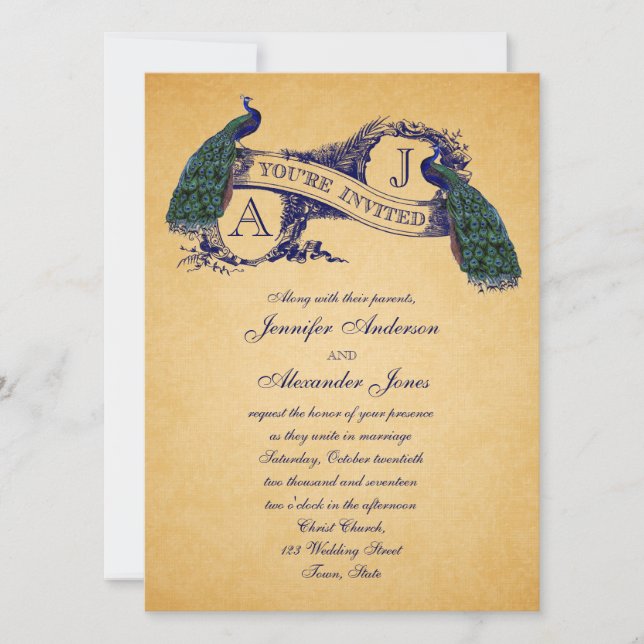 Peacock Vintage Wedding Invitation | Blue (Front)