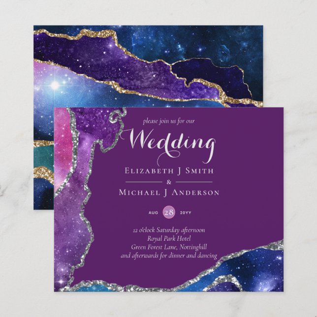 Peacock Violet Blue Agate Wedding Invite BUDGET (Front/Back)