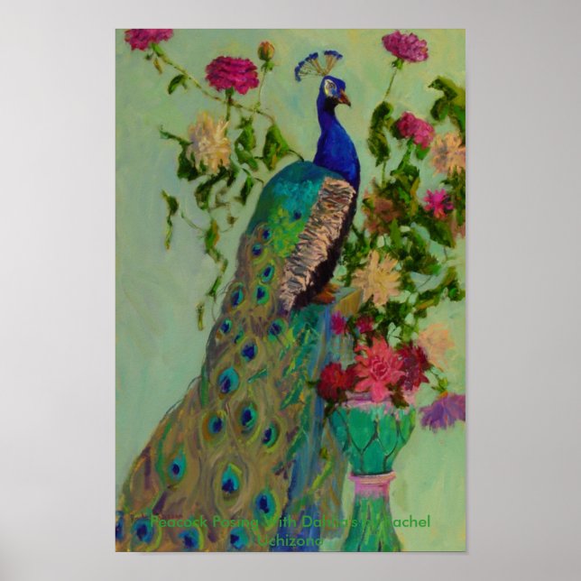 Peacock w/Dahlia's by Rachel Uchizono Poster (Front)