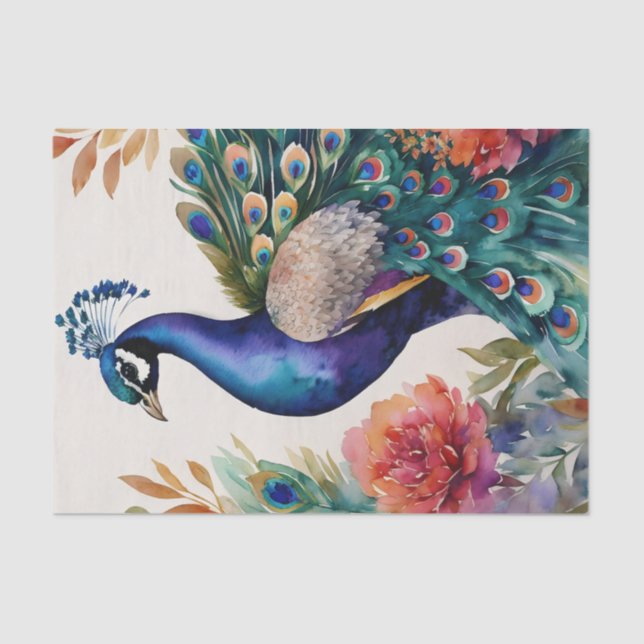 Peacock Watercolor Art Floral Tissue Paper (Front)