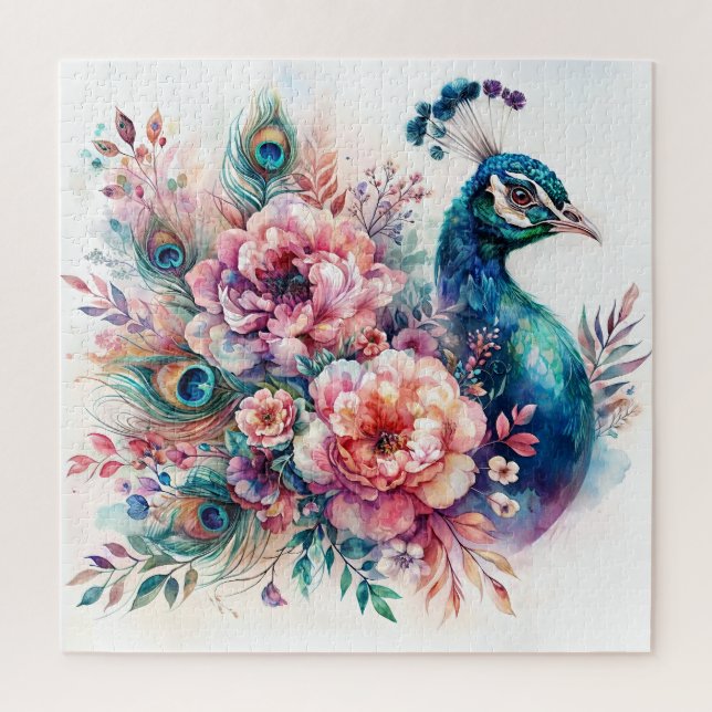 Peacock Watercolor Floral Portrait Jigsaw Puzzle (Vertical)