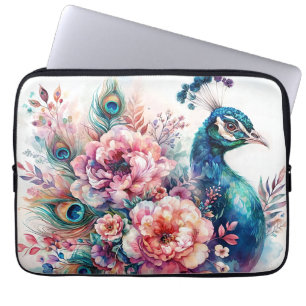 Peacock Watercolor Floral Portrait Laptop Sleeve