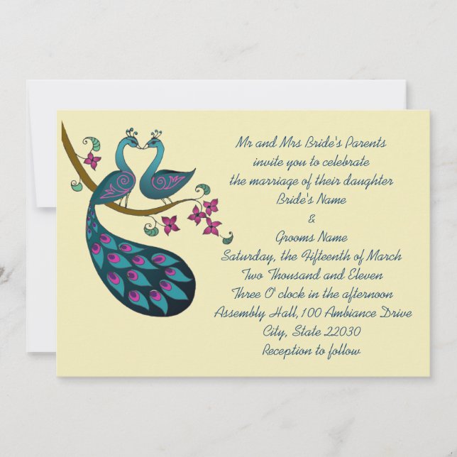 Peacock Wedding Announcement, ivory Invitation (Front)